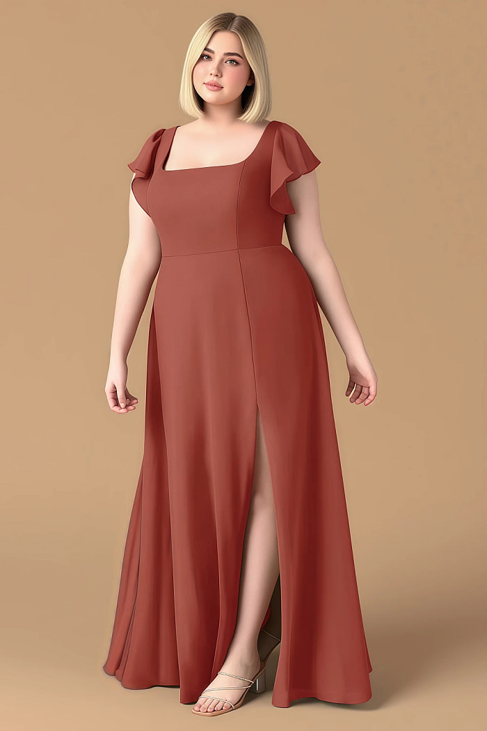 Exclusivity Terracotta Bridesmaid Dresses A Line Square Neck In Chiffon With Cap Sleeved Ruffled And Slits Image847270 - Akaks