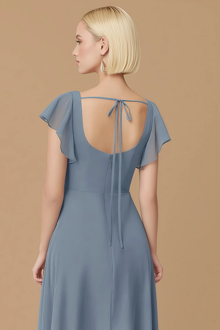 Exclusivity Twilight Blue Bridesmaid Dresses A Line Square Neck In Chiffon With Cap Sleeved Ruffled And Slits Image139002