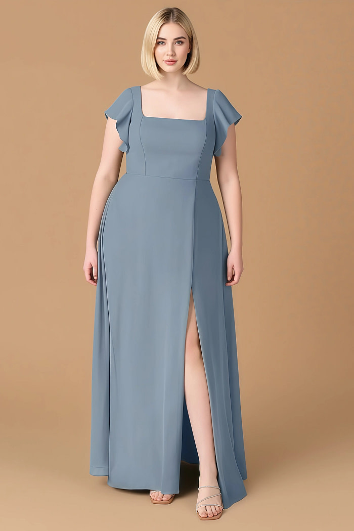 Exclusivity Twilight Blue Bridesmaid Dresses A Line Square Neck In Chiffon With Cap Sleeved Ruffled And Slits Image247841
