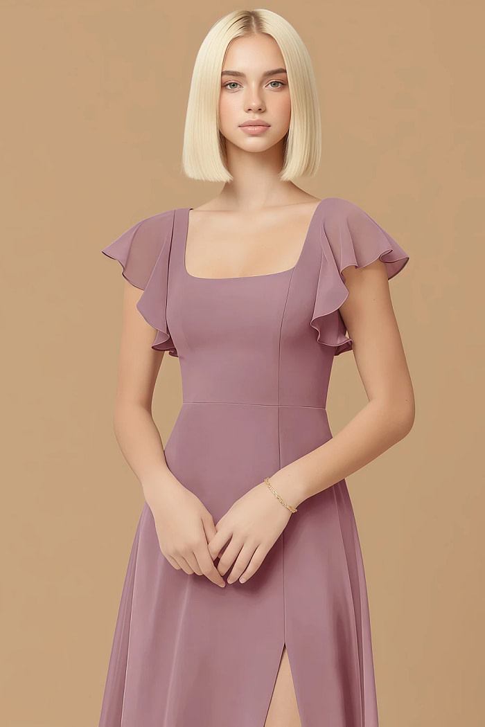 Exclusivity Vintage Mauve Bridesmaid Dresses A Line Square Neck In Chiffon With Cap Sleeved Ruffled And Slits Image262086 - Akaks