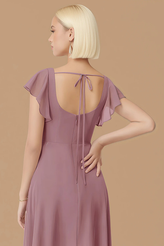 Exclusivity Vintage Mauve Bridesmaid Dresses A Line Square Neck In Chiffon With Cap Sleeved Ruffled And Slits Image748824 - Akaks