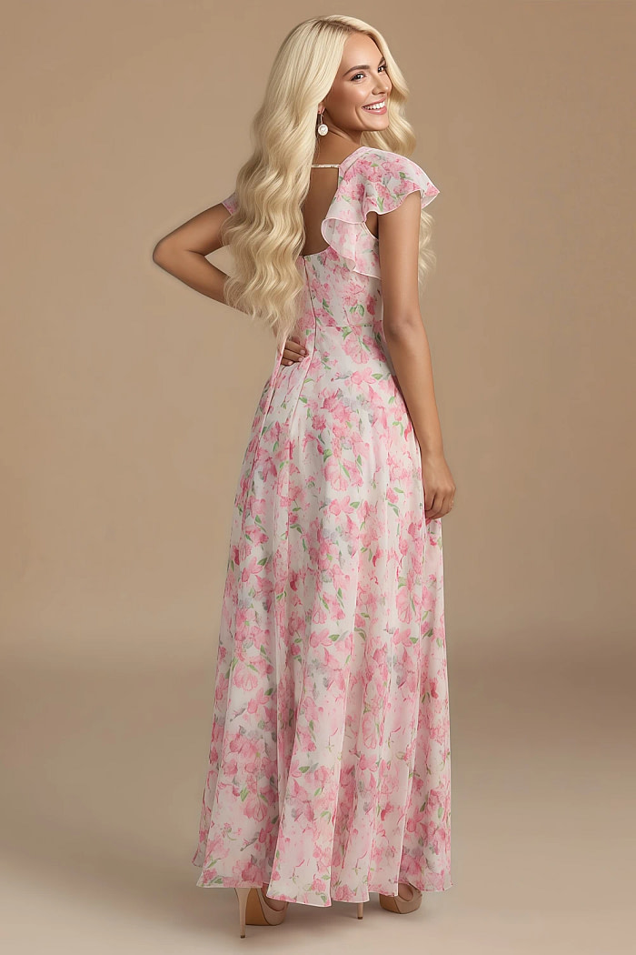 Exclusivity Watercolor Floral Bridesmaid Dresses A Line Square Neck In Chiffon With Cap Sleeved Ruffled And Slits Image119924 - Akaks