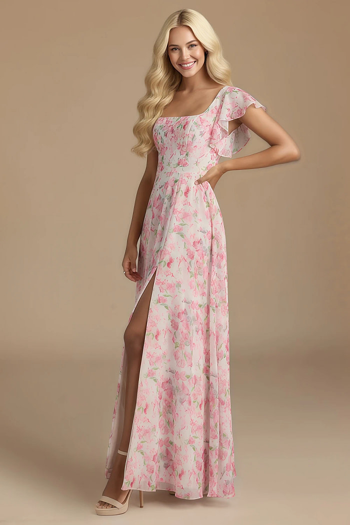 Exclusivity Watercolor Floral Bridesmaid Dresses A Line Square Neck In Chiffon With Cap Sleeved Ruffled And Slits Image395087 - Akaks