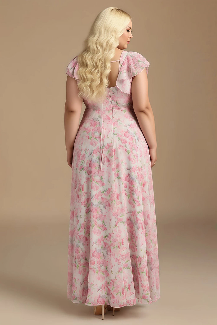 Exclusivity Watercolor Floral Bridesmaid Dresses A Line Square Neck In Chiffon With Cap Sleeved Ruffled And Slits Image473726 - Akaks