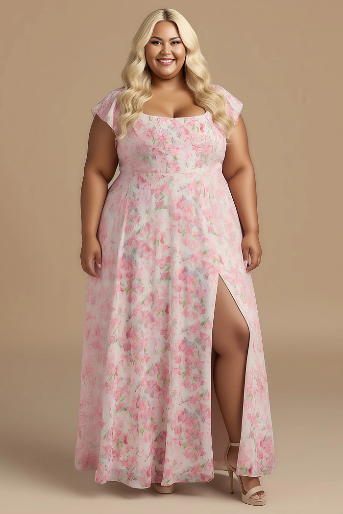 Exclusivity Watercolor Floral Bridesmaid Dresses A Line Square Neck In Chiffon With Cap Sleeved Ruffled And Slits Image481048 - Akaks