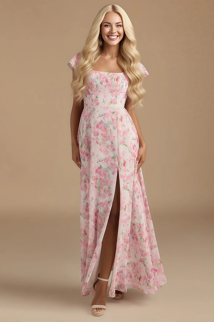 Exclusivity Watercolor Floral Bridesmaid Dresses A Line Square Neck In Chiffon With Cap Sleeved Ruffled And Slits Image497891 - Akaks