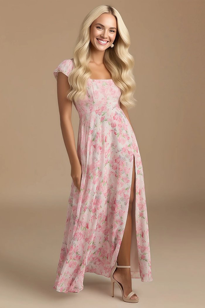 Exclusivity Watercolor Floral Bridesmaid Dresses A Line Square Neck In Chiffon With Cap Sleeved Ruffled And Slits Image904739 - Akaks