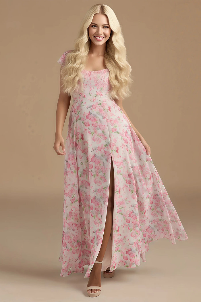 Exclusivity Watercolor Floral Bridesmaid Dresses A Line Square Neck In Chiffon With Cap Sleeved Ruffled And Slits Image961100 - Akaks