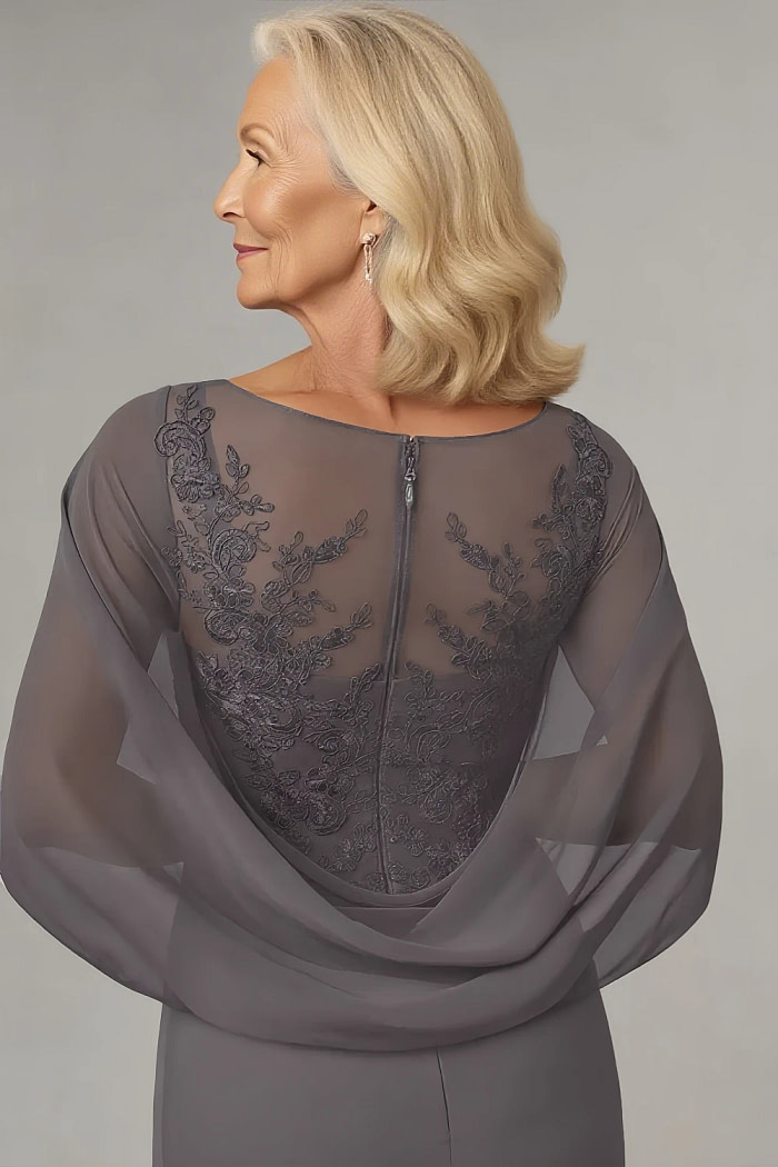 Akaks Abigail Dark Grey Mother Of The Bride Dress A-Line Floor Length Lace Capelet Chiffon Dress Image469605