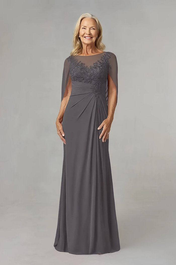 Akaks Abigail Dark Grey Mother Of The Bride Dress A-Line Floor Length Lace Capelet Chiffon Dress Image654723