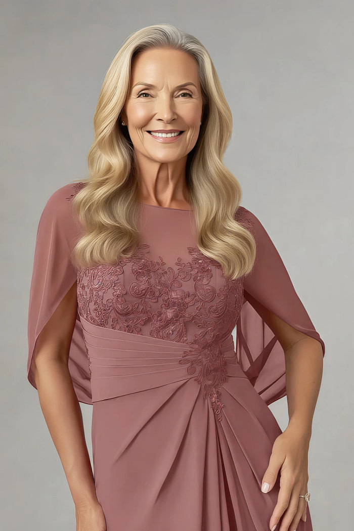Akaks Abigail Desert Rose Mother Of The Bride Dress A-Line Floor Length Lace Capelet Chiffon Dress Image165444