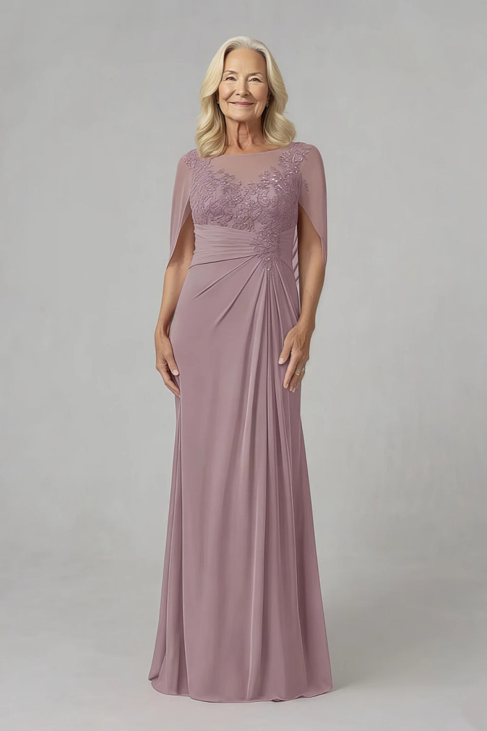 Akaks Abigail Dusty Rose Mother Of The Groom Dress A-Line Floor Length Lace Capelet Chiffon Dress Image761496