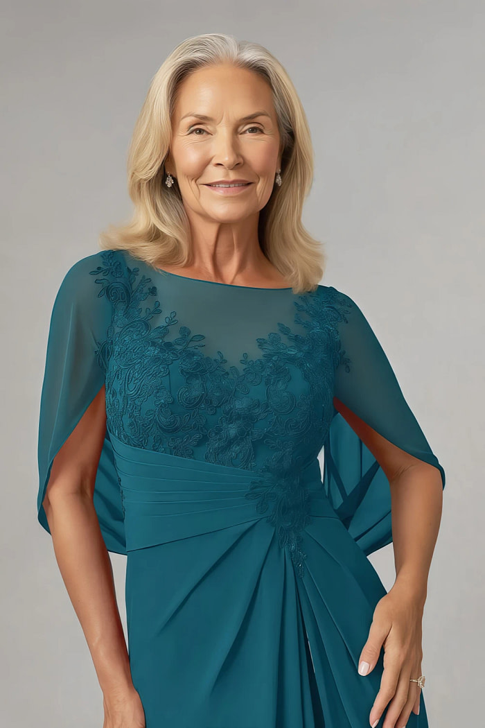 Akaks Abigail Ink Blue Mother Of The Bride Dresses A-Line Floor Length Lace Capelet Chiffon Dress Image163065