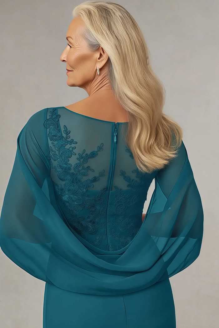 Akaks Abigail Ink Blue Mother Of The Bride Dresses A-Line Floor Length Lace Capelet Chiffon Dress Image304892