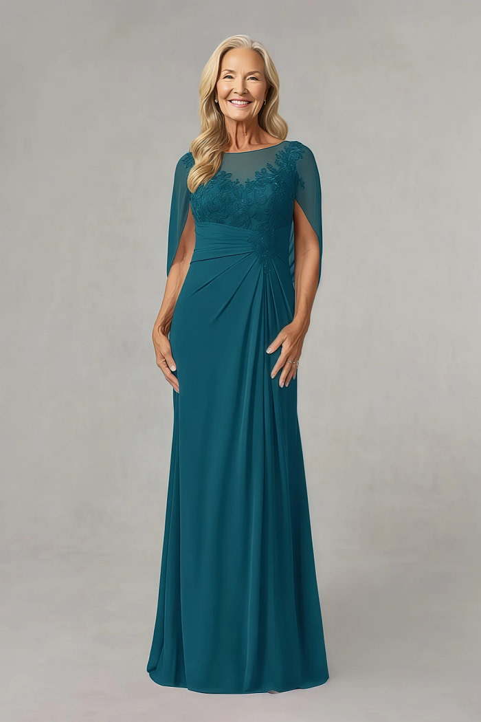 Akaks Abigail Ink Blue Mother Of The Bride Dresses A-Line Floor Length Lace Capelet Chiffon Dress Image625240
