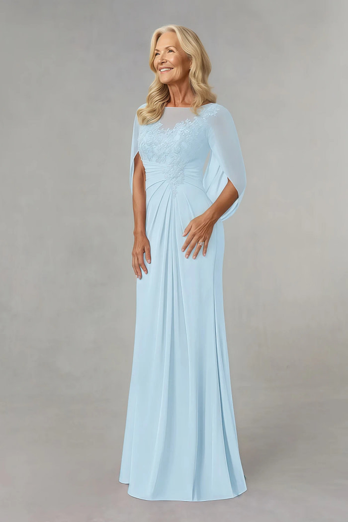 Akaks Abigail Light Blue Mother Of The Bride Dress A-Line Floor Length Lace Capelet Chiffon Dress Image538976