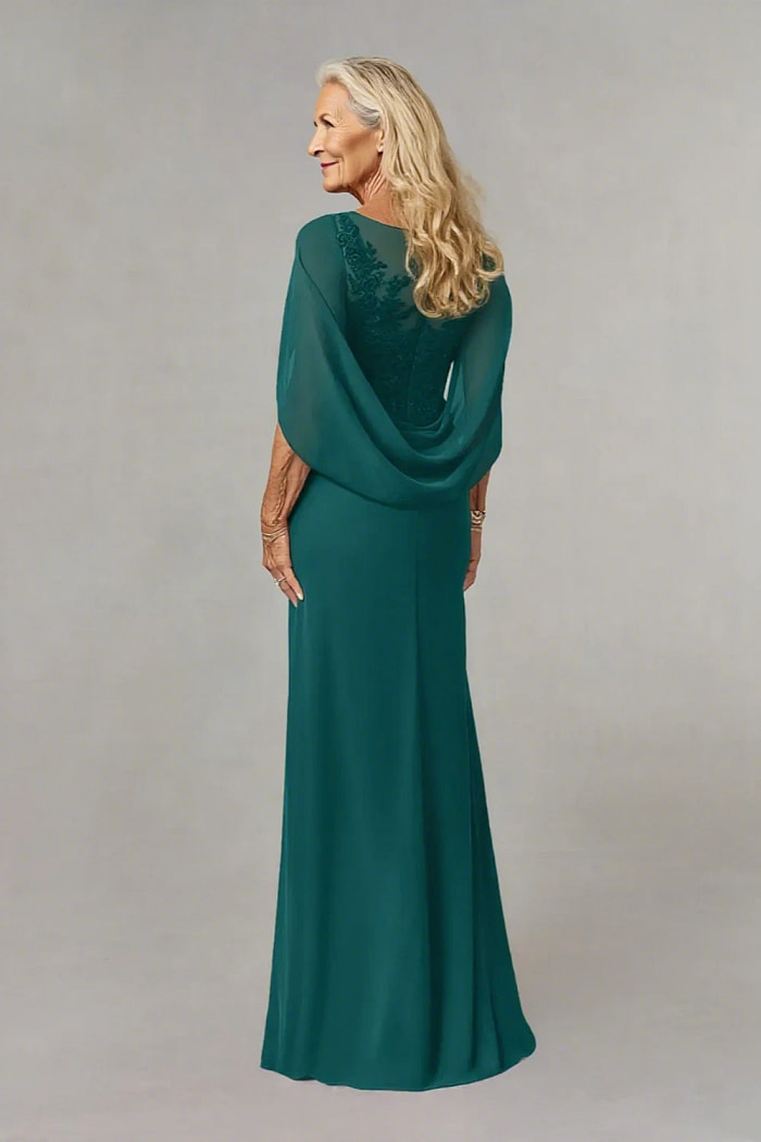 Akaks Abigail Mother Of The Bride Peacock Dresses A-Line Floor Length Lace Capelet Chiffon Dress Image539161