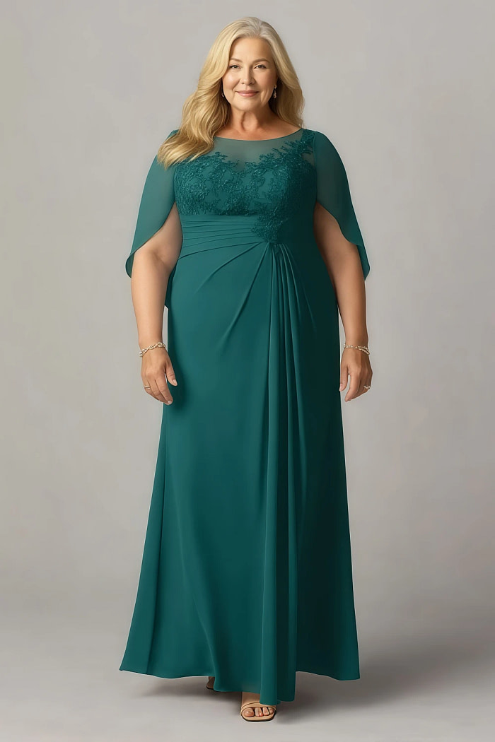Akaks Abigail Mother Of The Bride Peacock Dresses A-Line Floor Length Lace Capelet Chiffon Dress Image628461
