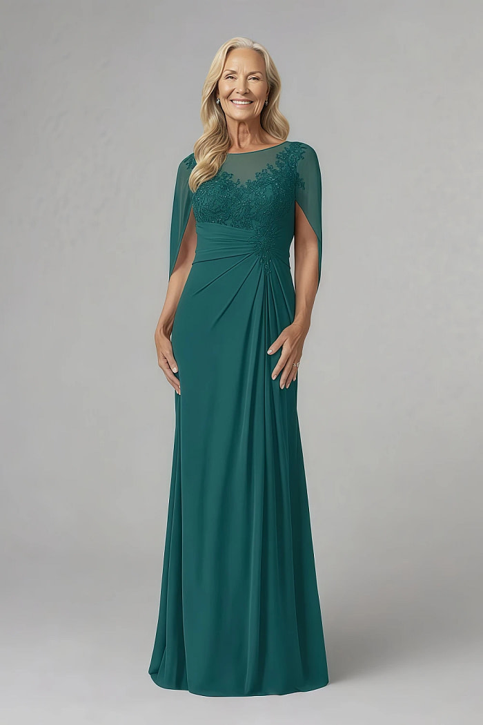 Akaks Abigail Mother Of The Bride Peacock Dresses A-Line Floor Length Lace Capelet Chiffon Dress Image680039
