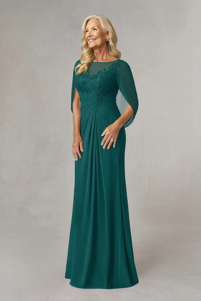 Akaks Abigail Mother Of The Bride Peacock Dresses A-Line Floor Length Lace Capelet Chiffon Dress Image870413