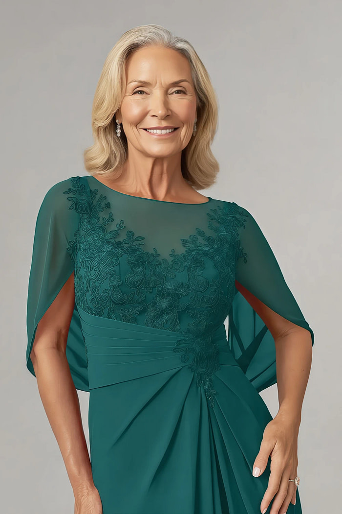 Akaks Abigail Mother Of The Bride Peacock Dresses A-Line Floor Length Lace Capelet Chiffon Dress Image932596