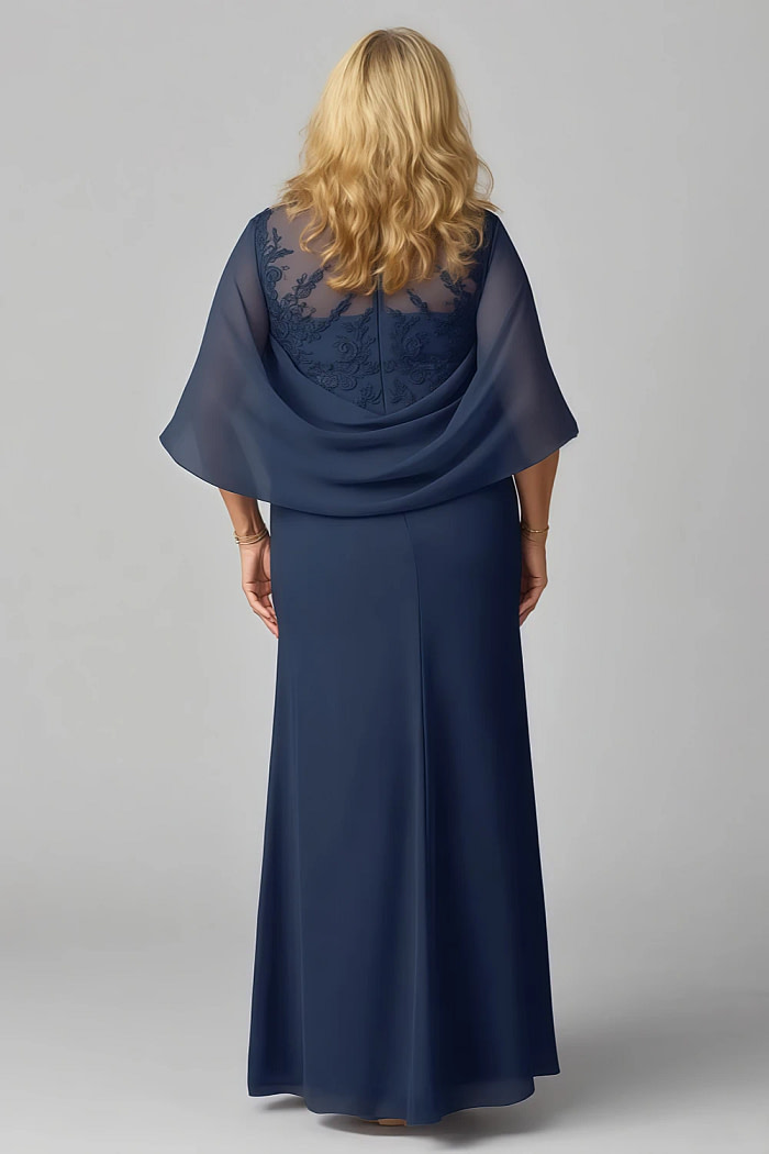 Akaks Abigail Navy Blue Mother Of The Bride Dress Plus Size A-Line Floor Length Lace Capelet Chiffon Dress Image425566