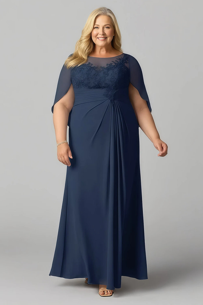 Akaks Abigail Navy Blue Mother Of The Bride Dress Plus Size A-Line Floor Length Lace Capelet Chiffon Dress Image459329