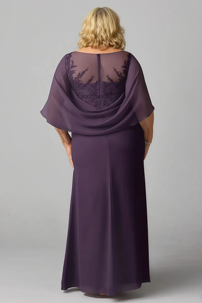Akaks Abigail Plum Dresses For Mother Of The Bride A-Line Floor Length Lace Capelet Chiffon Dress Image261573
