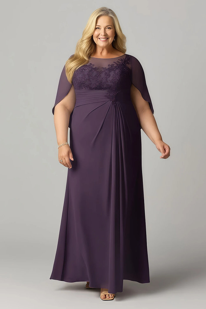 Akaks Abigail Plum Dresses For Mother Of The Bride A-Line Floor Length Lace Capelet Chiffon Dress Image492627