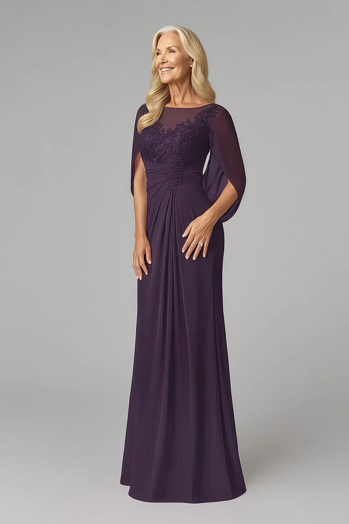 Akaks Abigail Plum Dresses For Mother Of The Bride A-Line Floor Length Lace Capelet Chiffon Dress Image690264
