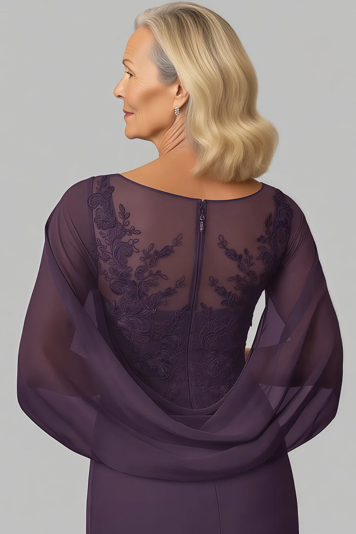 Akaks Abigail Plum Dresses For Mother Of The Bride A-Line Floor Length Lace Capelet Chiffon Dress Image888837