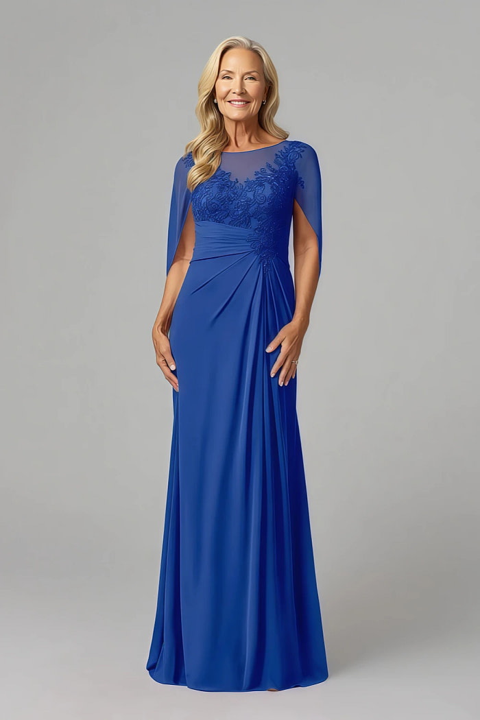 Akaks Abigail Royal Blue Mother Of The Bride Dresses A-Line Floor Length Lace Capelet Chiffon Dress Image424544