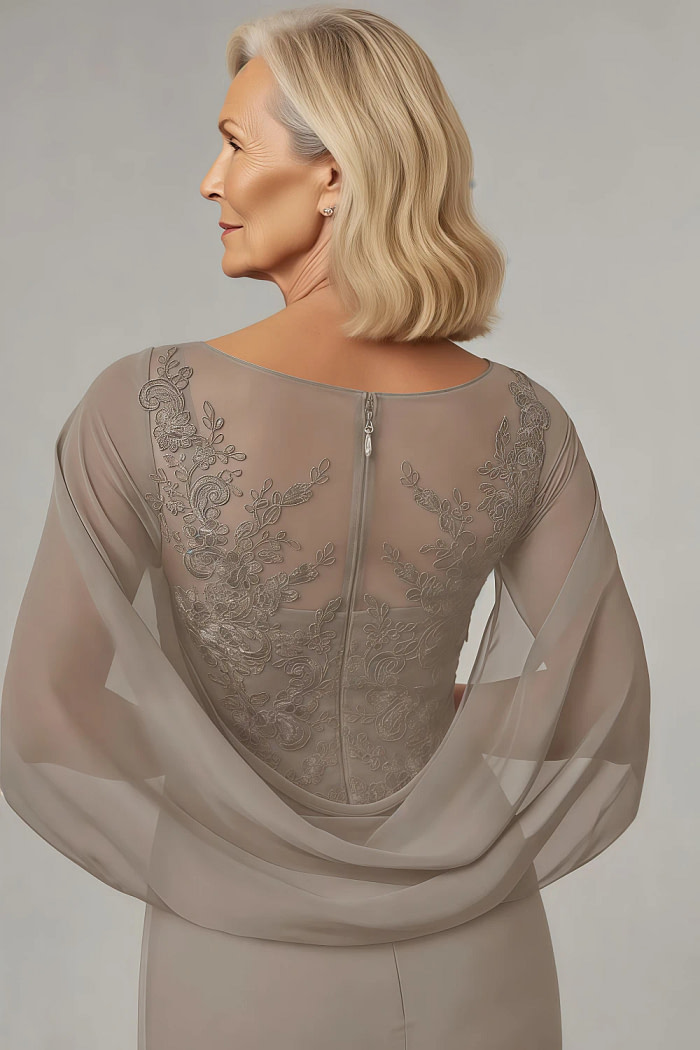 Akaks Abigail Taupe Mother Of The Bride Dress Plus Size A-Line Floor Length Lace Capelet Chiffon Dress Image849998