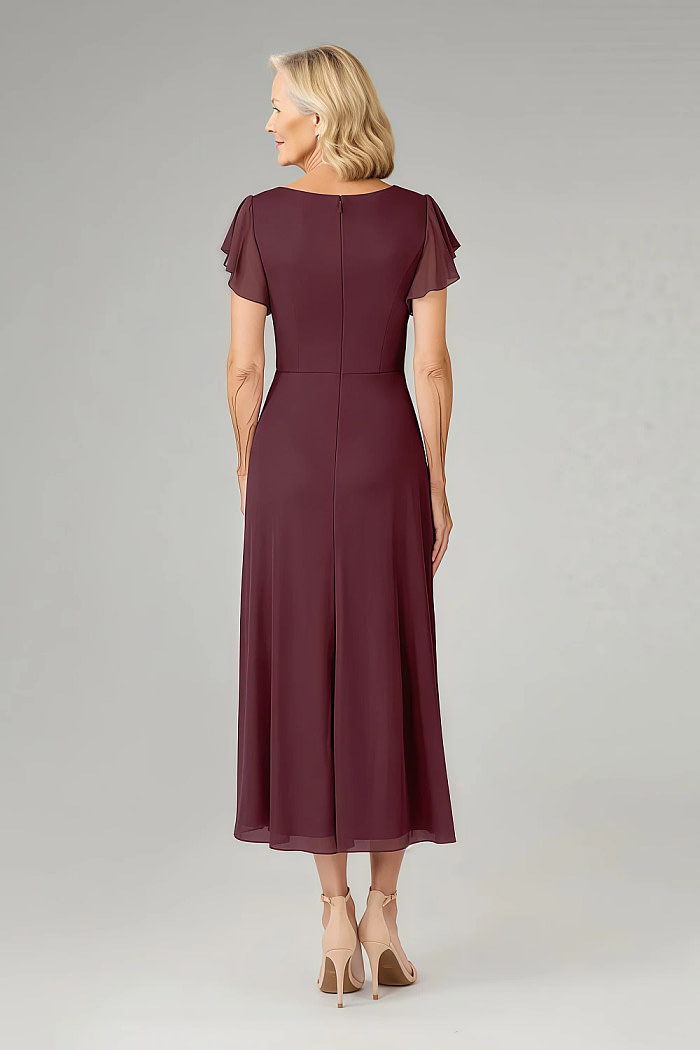 Akaks Adeline Cabernet Mother Of The Bride Dress A-Line V-Neck Tea Length Ruffles Cap Sleeves Pleated Chiffon Dress Image246261