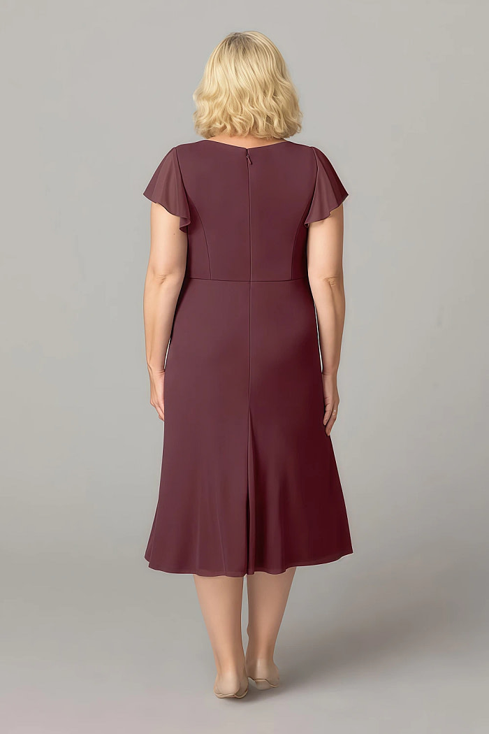 Akaks Adeline Cabernet Mother Of The Bride Dress A-Line V-Neck Tea Length Ruffles Cap Sleeves Pleated Chiffon Dress Image268700