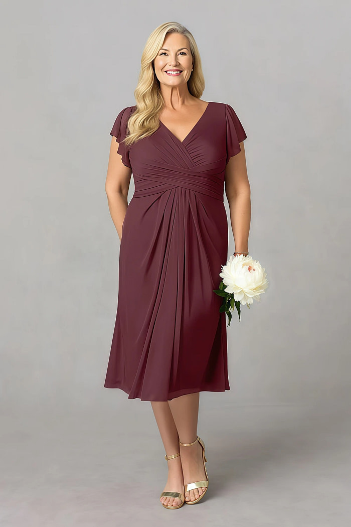 Akaks Adeline Cabernet Mother Of The Bride Dress A-Line V-Neck Tea Length Ruffles Cap Sleeves Pleated Chiffon Dress Image649222