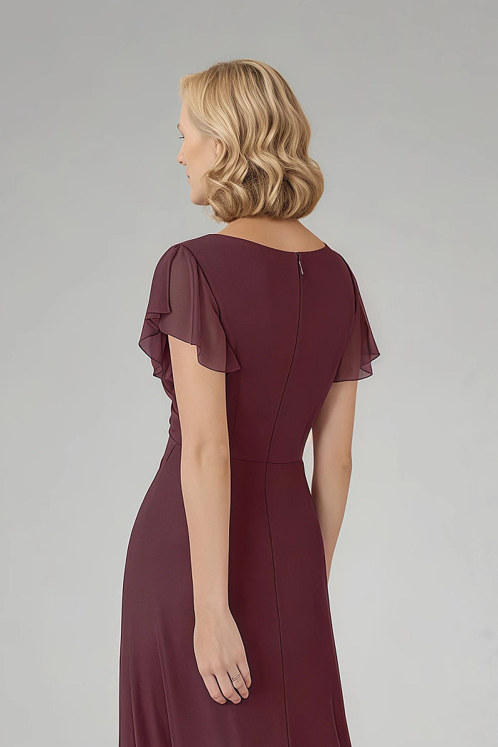 Akaks Adeline Cabernet Mother Of The Bride Dress A-Line V-Neck Tea Length Ruffles Cap Sleeves Pleated Chiffon Dress Image705886