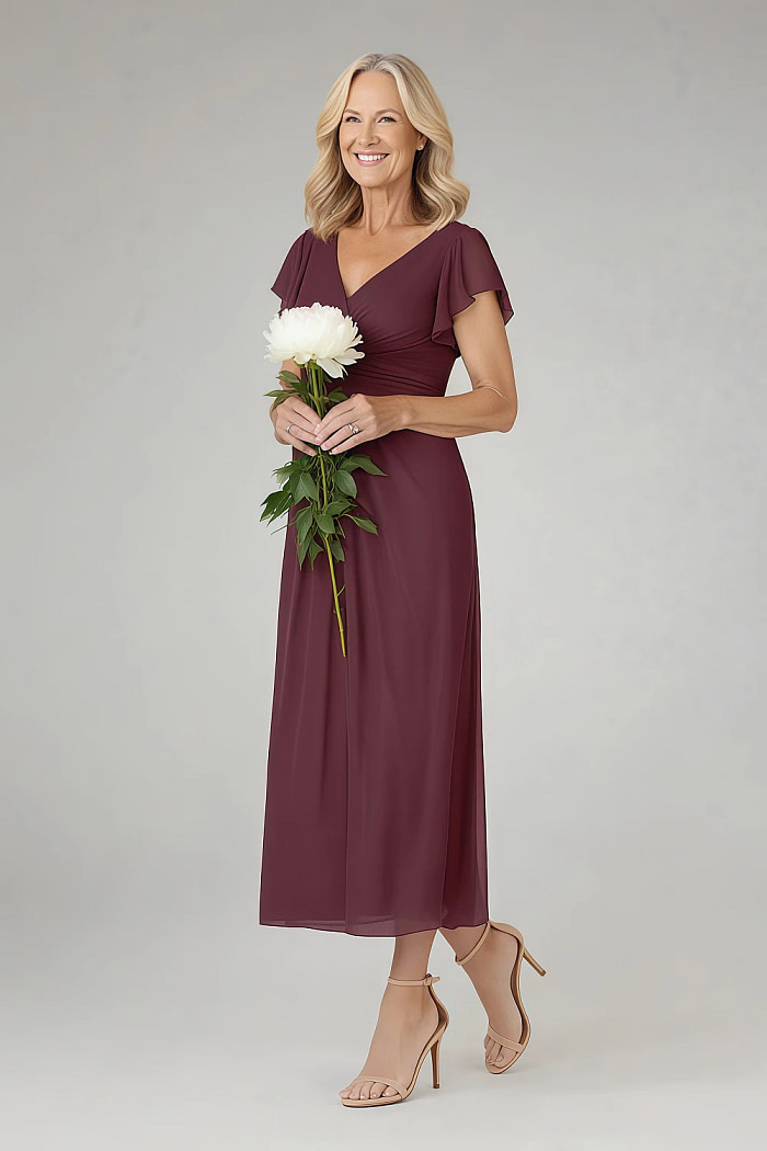 Akaks Adeline Cabernet Mother Of The Bride Dress A-Line V-Neck Tea Length Ruffles Cap Sleeves Pleated Chiffon Dress Image949194