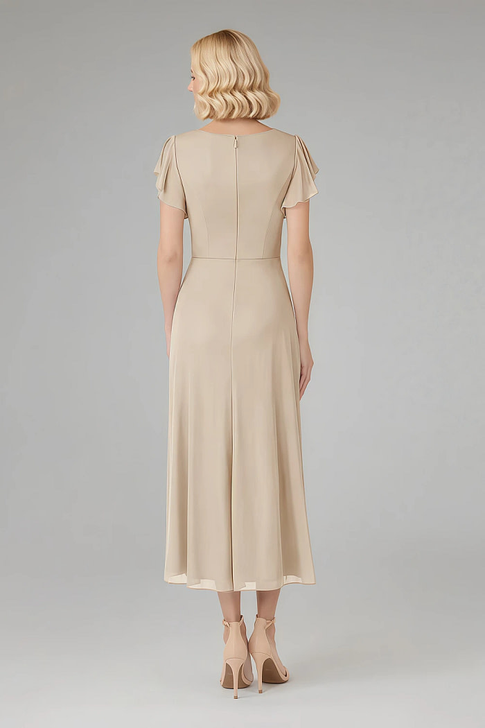Akaks Adeline Champagne Colored Dresses For Mother Of The Bride A-Line V-Neck Tea Length Ruffles Cap Sleeves Pleated Chiffon Dress Image716510