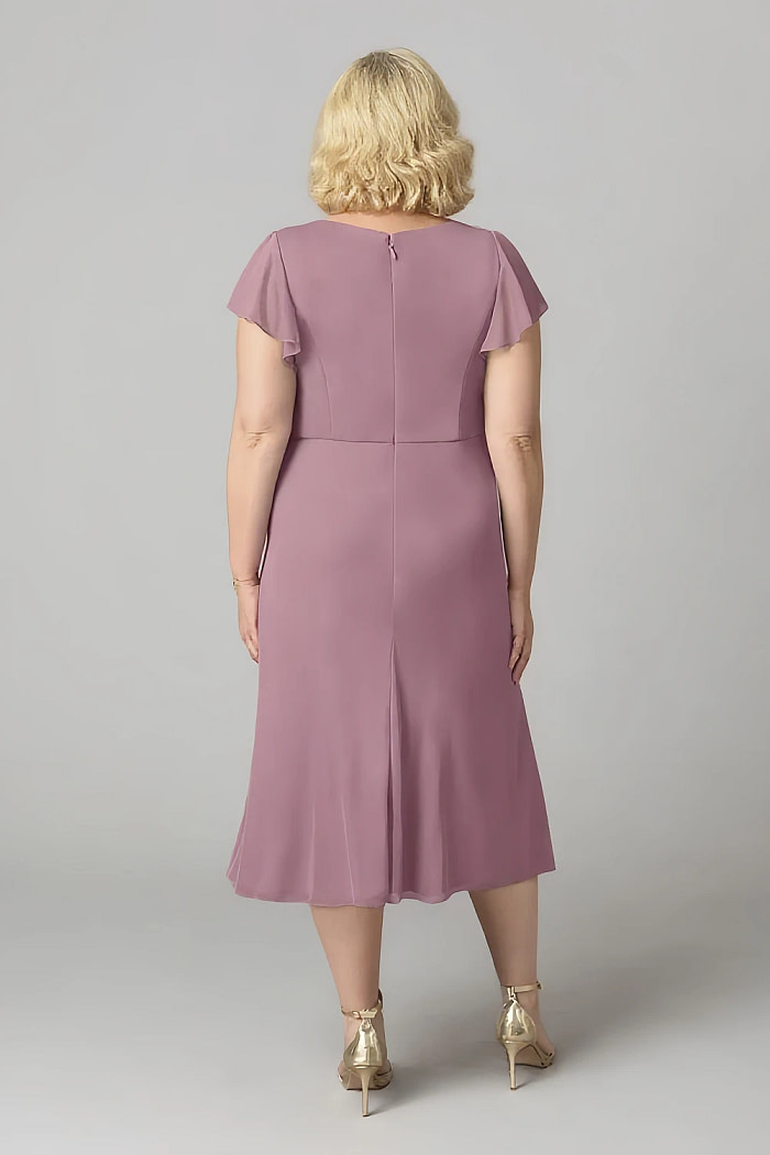Akaks Adeline Dusty Mauve Mother Of The Bride Dress A-Line V-Neck Tea Length Ruffles Cap Sleeves Pleated Chiffon Dress Image129343