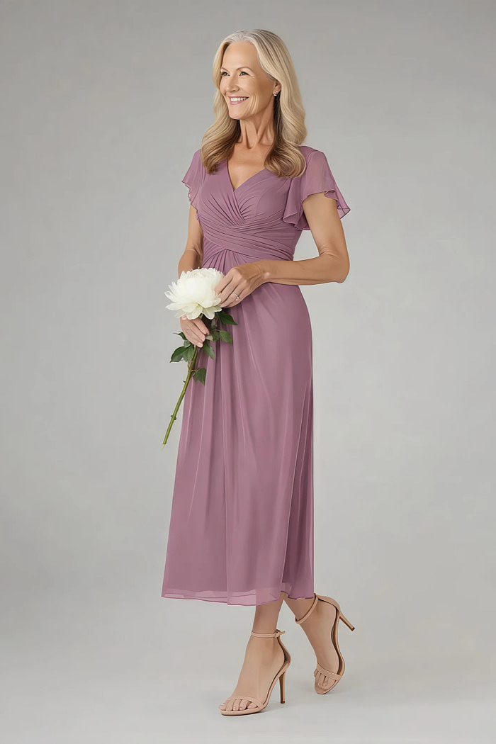 Akaks Adeline Dusty Mauve Mother Of The Bride Dress A-Line V-Neck Tea Length Ruffles Cap Sleeves Pleated Chiffon Dress Image213618