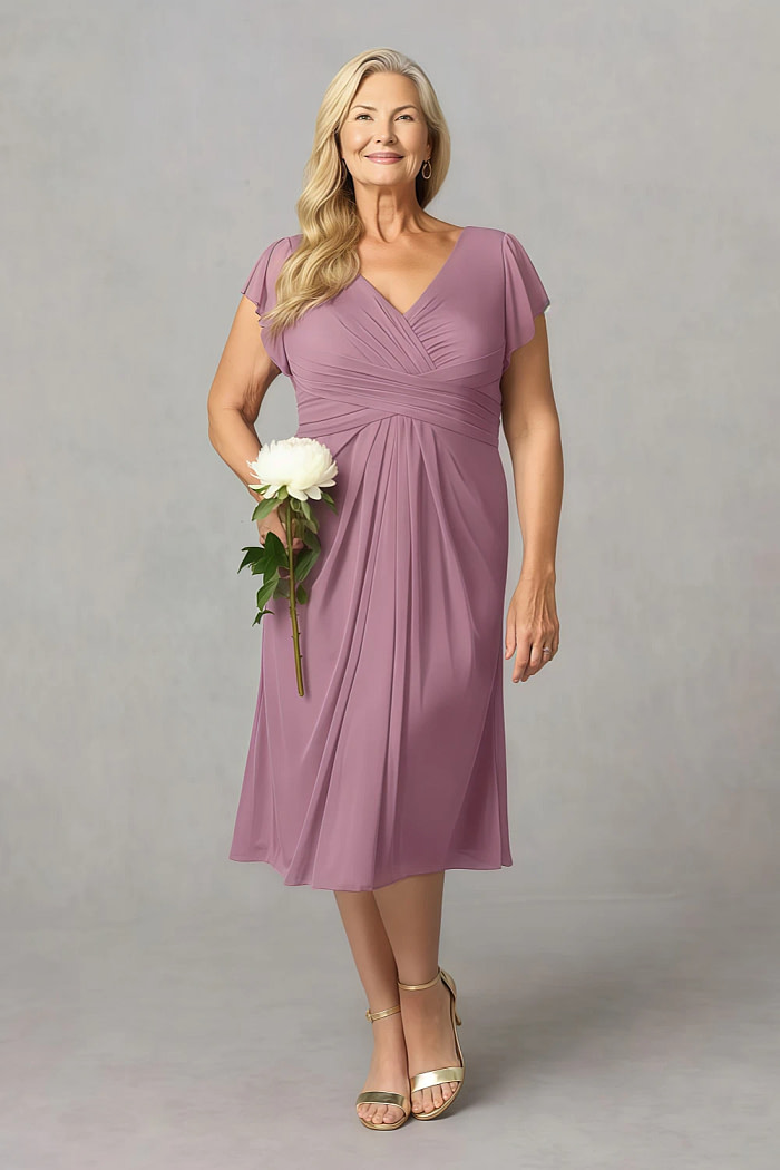 Akaks Adeline Dusty Mauve Mother Of The Bride Dress A-Line V-Neck Tea Length Ruffles Cap Sleeves Pleated Chiffon Dress Image402516