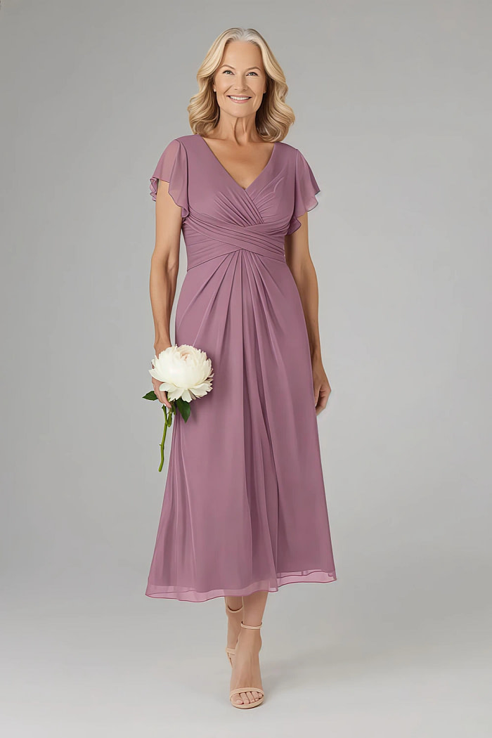 Akaks Adeline Dusty Mauve Mother Of The Bride Dress A-Line V-Neck Tea Length Ruffles Cap Sleeves Pleated Chiffon Dress Image455355