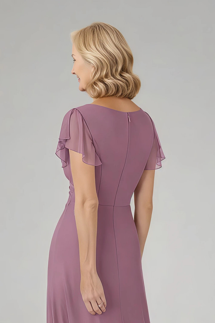 Akaks Adeline Dusty Mauve Mother Of The Bride Dress A-Line V-Neck Tea Length Ruffles Cap Sleeves Pleated Chiffon Dress Image899632