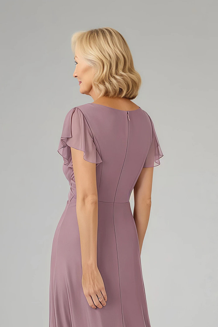 Akaks Adeline Dusty Rose Dress Mother Of The Bride A-Line V-Neck Tea Length Ruffles Cap Sleeves Pleated Chiffon Dress Image335241