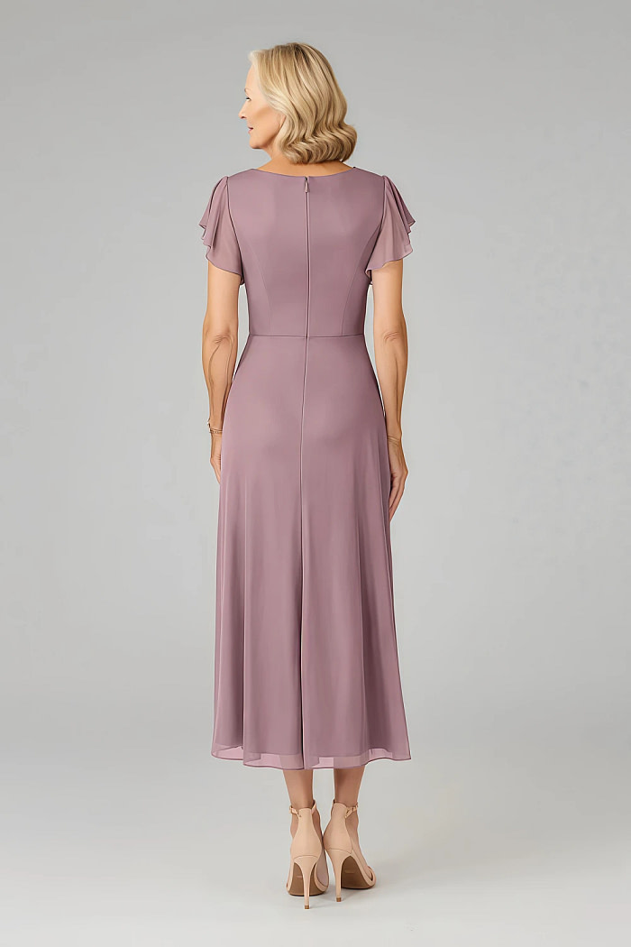 Akaks Adeline Dusty Rose Dress Mother Of The Bride A-Line V-Neck Tea Length Ruffles Cap Sleeves Pleated Chiffon Dress Image363370