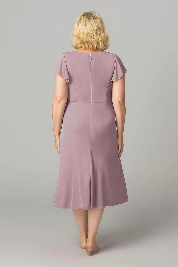 Akaks Adeline Dusty Rose Dress Mother Of The Bride A-Line V-Neck Tea Length Ruffles Cap Sleeves Pleated Chiffon Dress Image631069