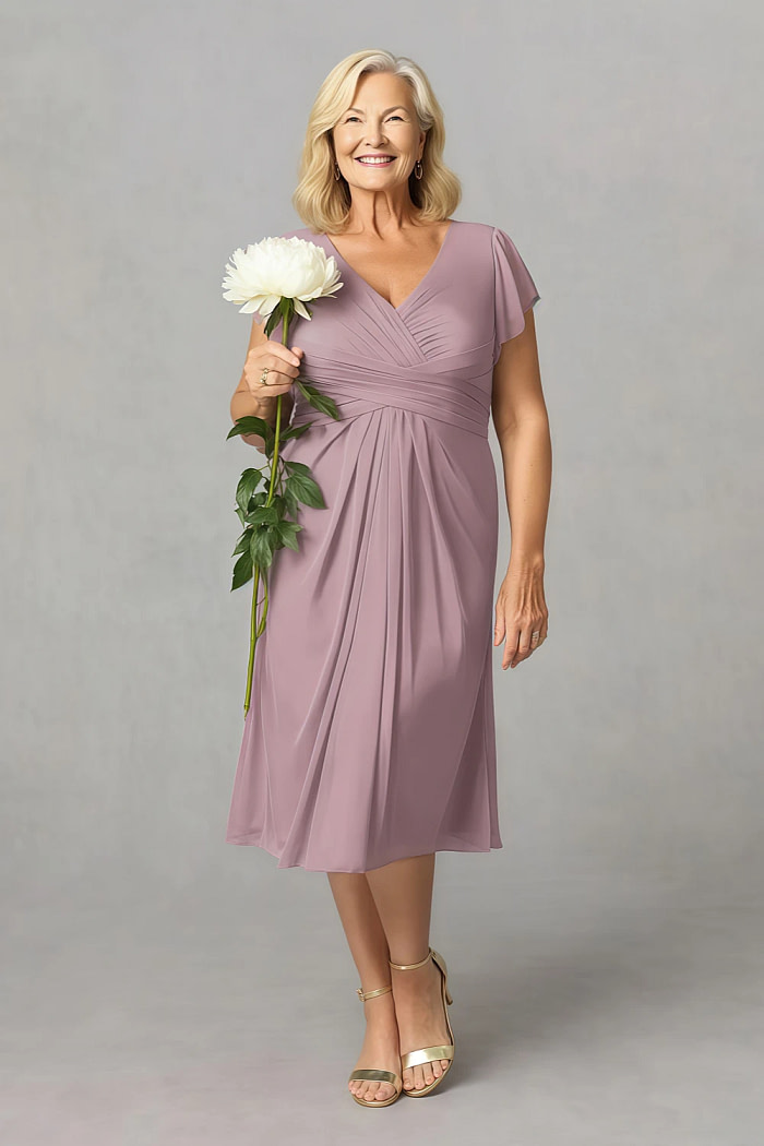Akaks Adeline Dusty Rose Dress Mother Of The Bride A-Line V-Neck Tea Length Ruffles Cap Sleeves Pleated Chiffon Dress Image680979