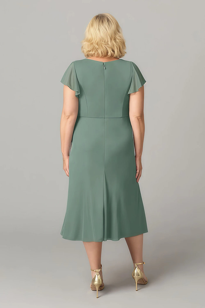 Akaks Adeline Eucalyptus Dress Mother Of The Bride A-Line V-Neck Tea Length Ruffles Cap Sleeves Pleated Chiffon Dress Image176944