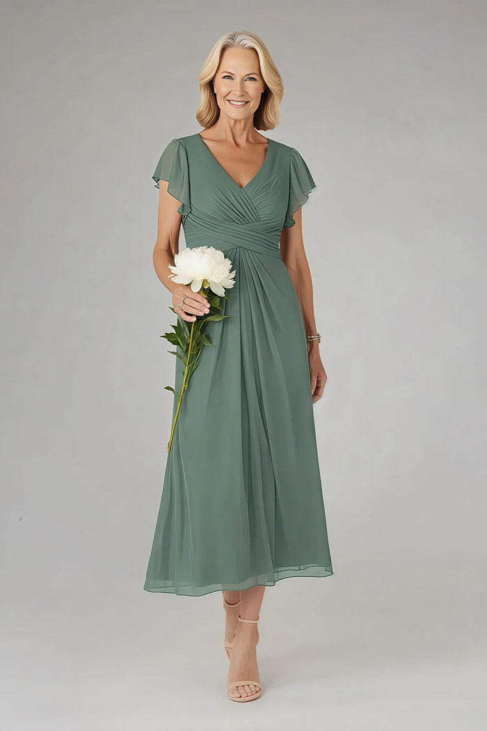 Akaks Adeline Eucalyptus Dress Mother Of The Bride A-Line V-Neck Tea Length Ruffles Cap Sleeves Pleated Chiffon Dress Image424079